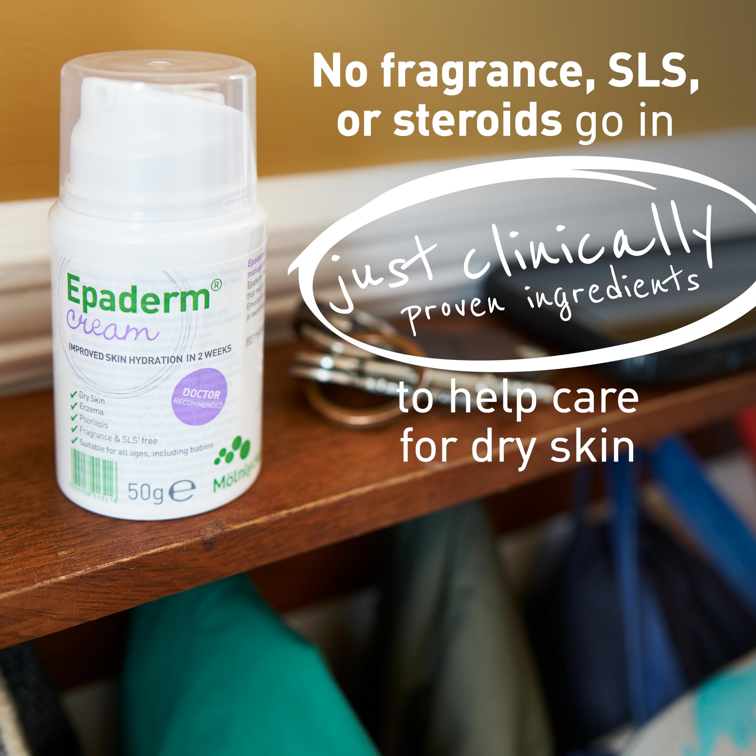 Epaderm Cream in a bathroom routine setup promoting all-day skin hydration.