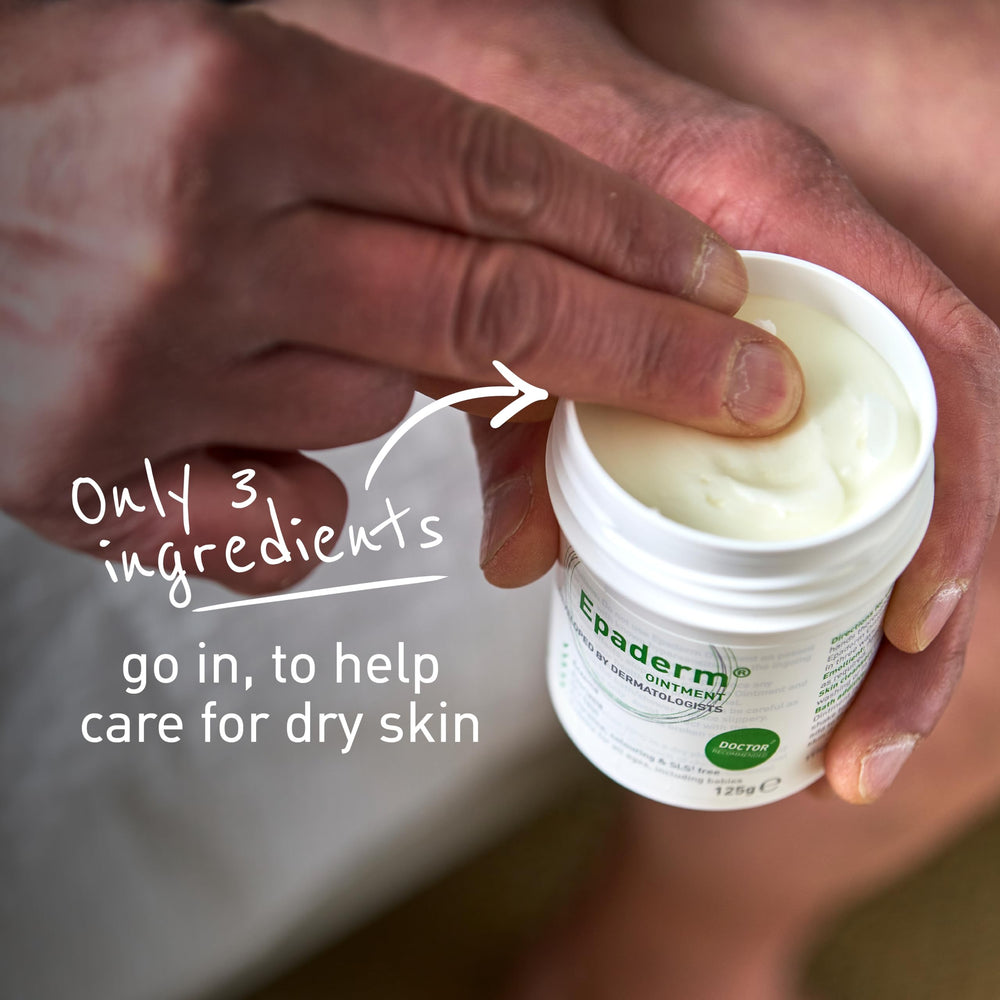 Epaderm 125g elbow dry skin close-up shows targeted comfort.
