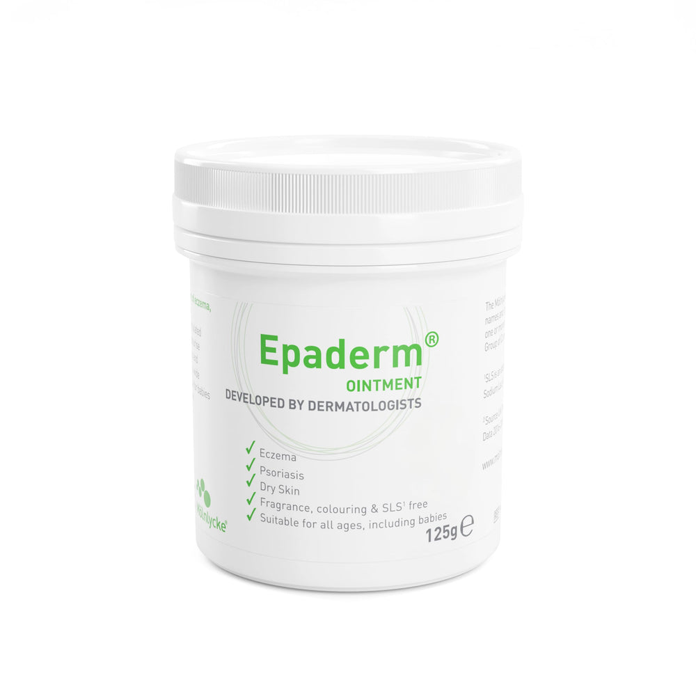 Epaderm 125g jar shown for daily dryness relief.