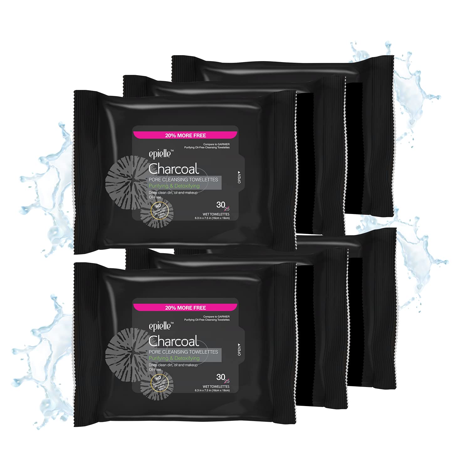 Epielle Charcoal makeup remover wipes pack shot showing 30-sheet packs