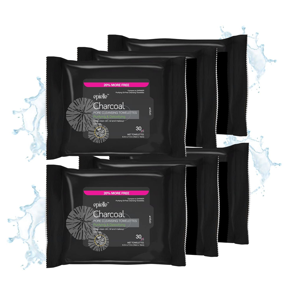 Epielle Charcoal makeup remover wipes pack shot showing 30-sheet packs