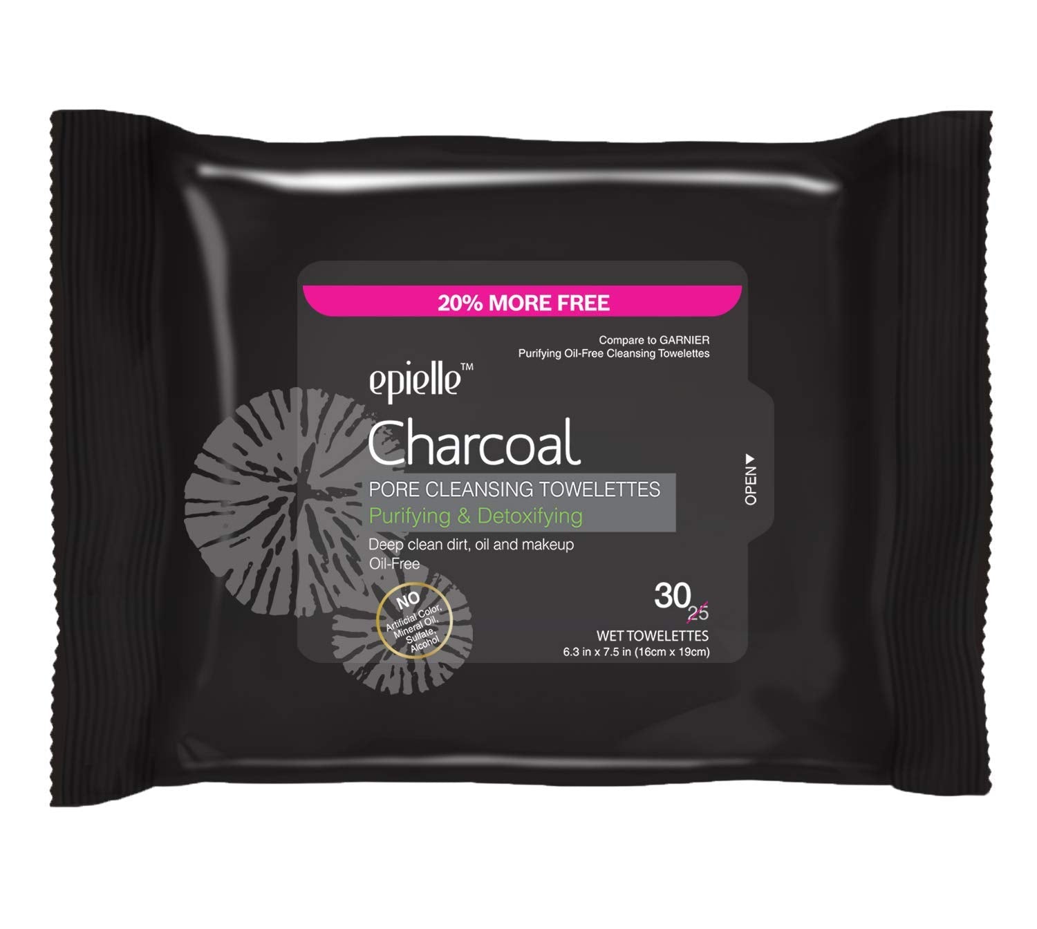 Epielle Charcoal wipes close-up with activated charcoal for deep pore cleansing