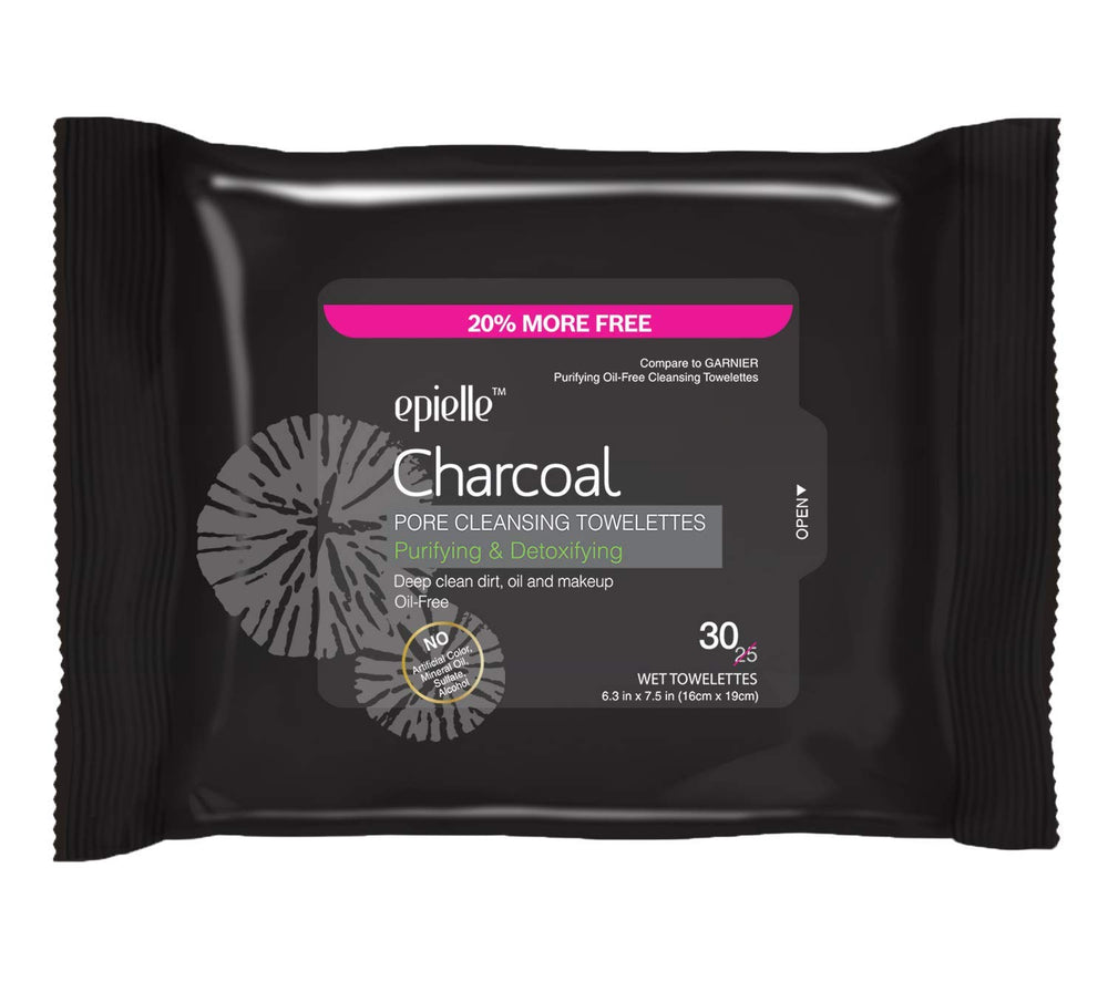 Epielle Charcoal wipes close-up with activated charcoal for deep pore cleansing