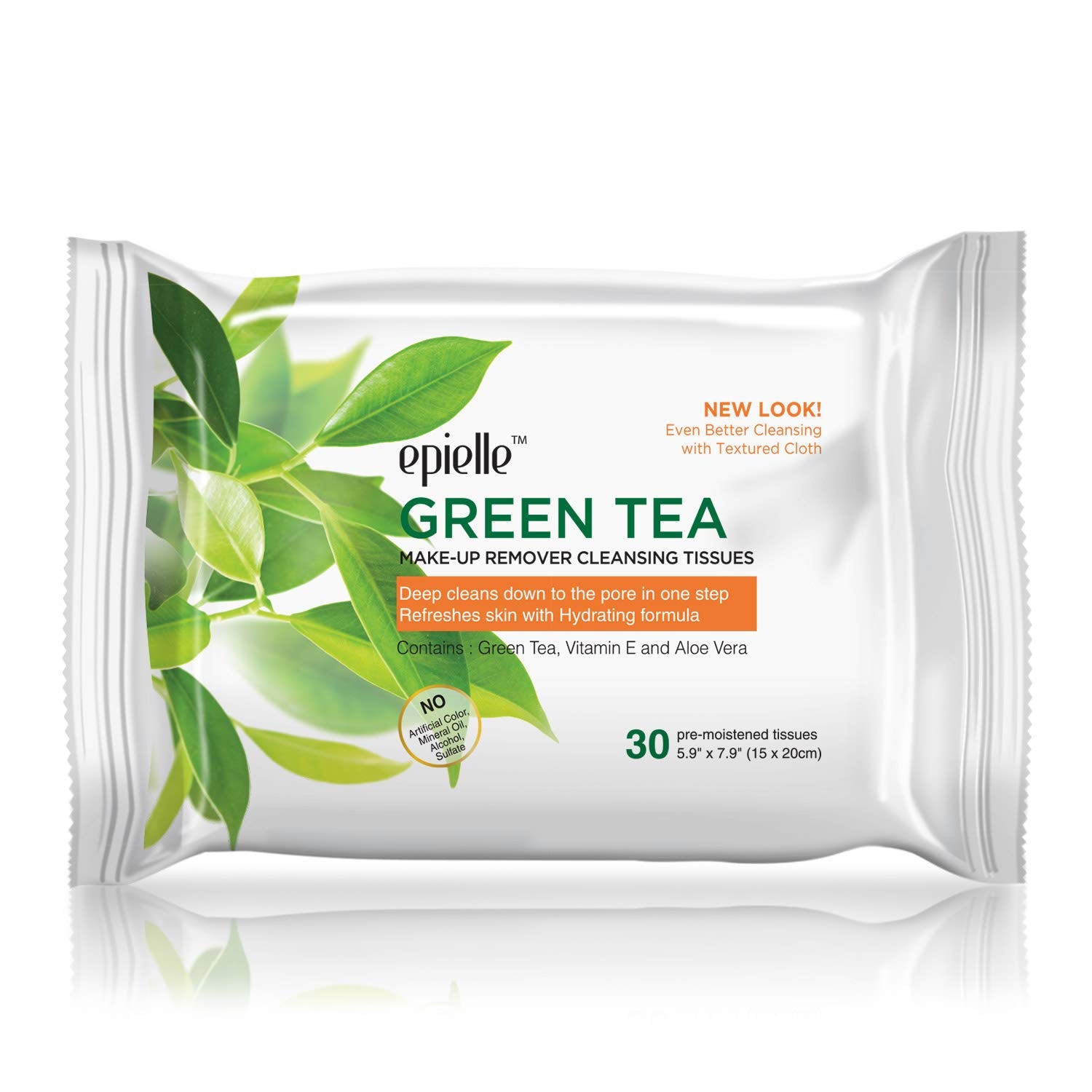 Epielle Green Tea Makeup Remover Wipes applied on skin demonstrating soothing cleansing.