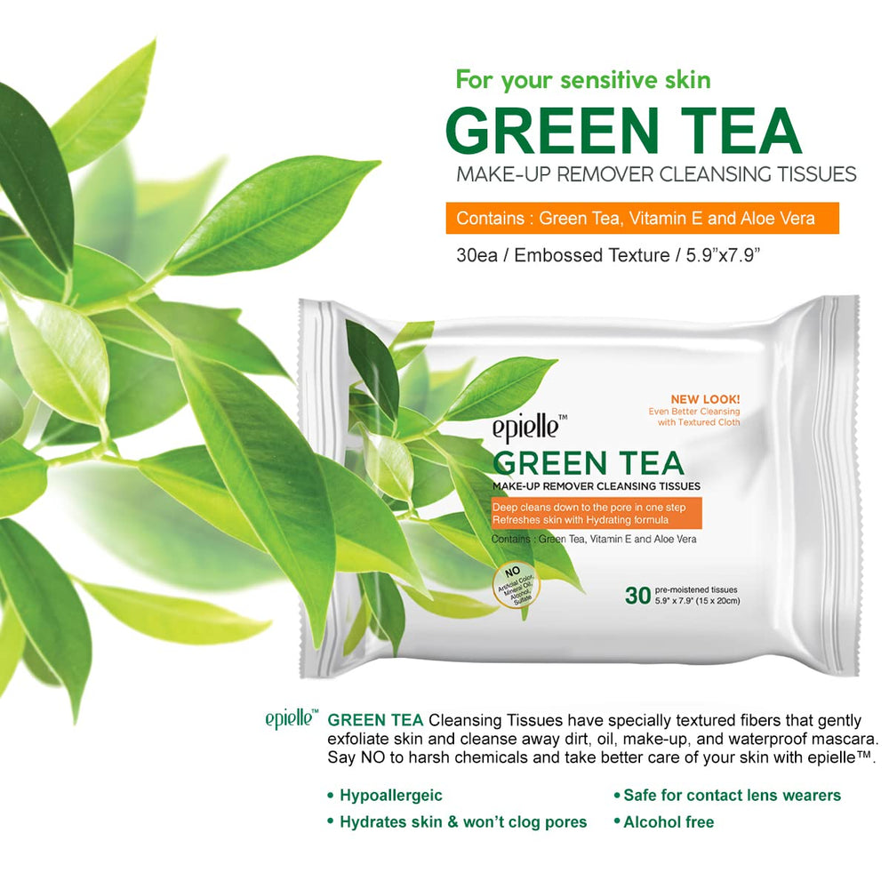 Epielle Green Tea Makeup Remover Wipes texture close-up shows dirt-trapping fibers for thorough cleansing.