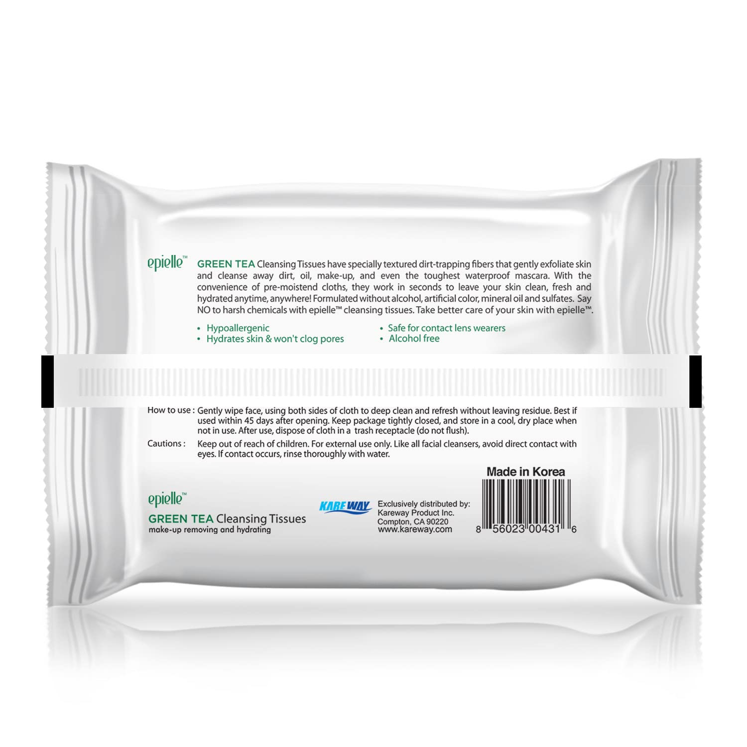 Epielle Green Tea Makeup Remover Wipes travel-ready case for on-the-go refresh.
