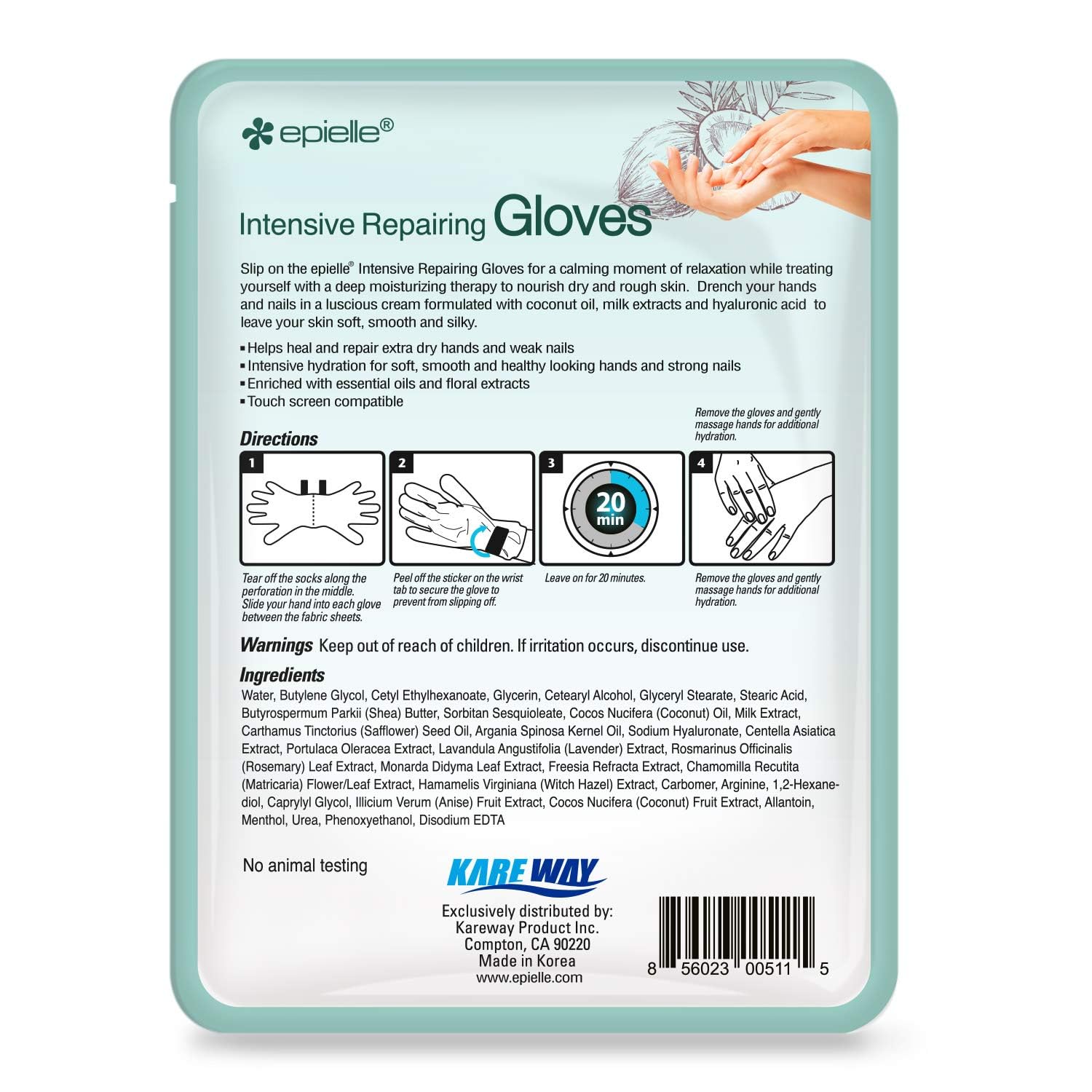 Epielle hand mask sealed pouch indicates long-lasting moisture for at-home spa routines.