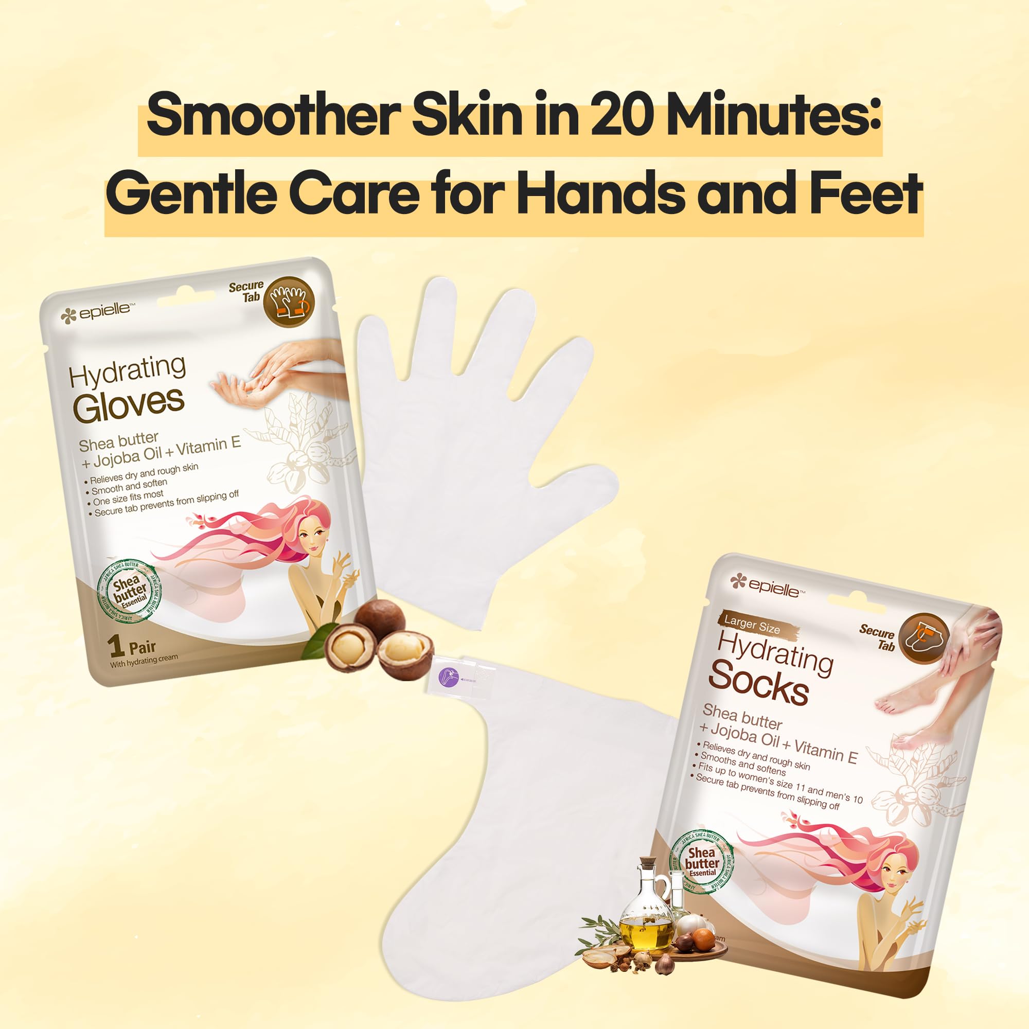 Epielle Hydrating Hand Mask gloves closeup highlighting deep moisture and nourishing oils.