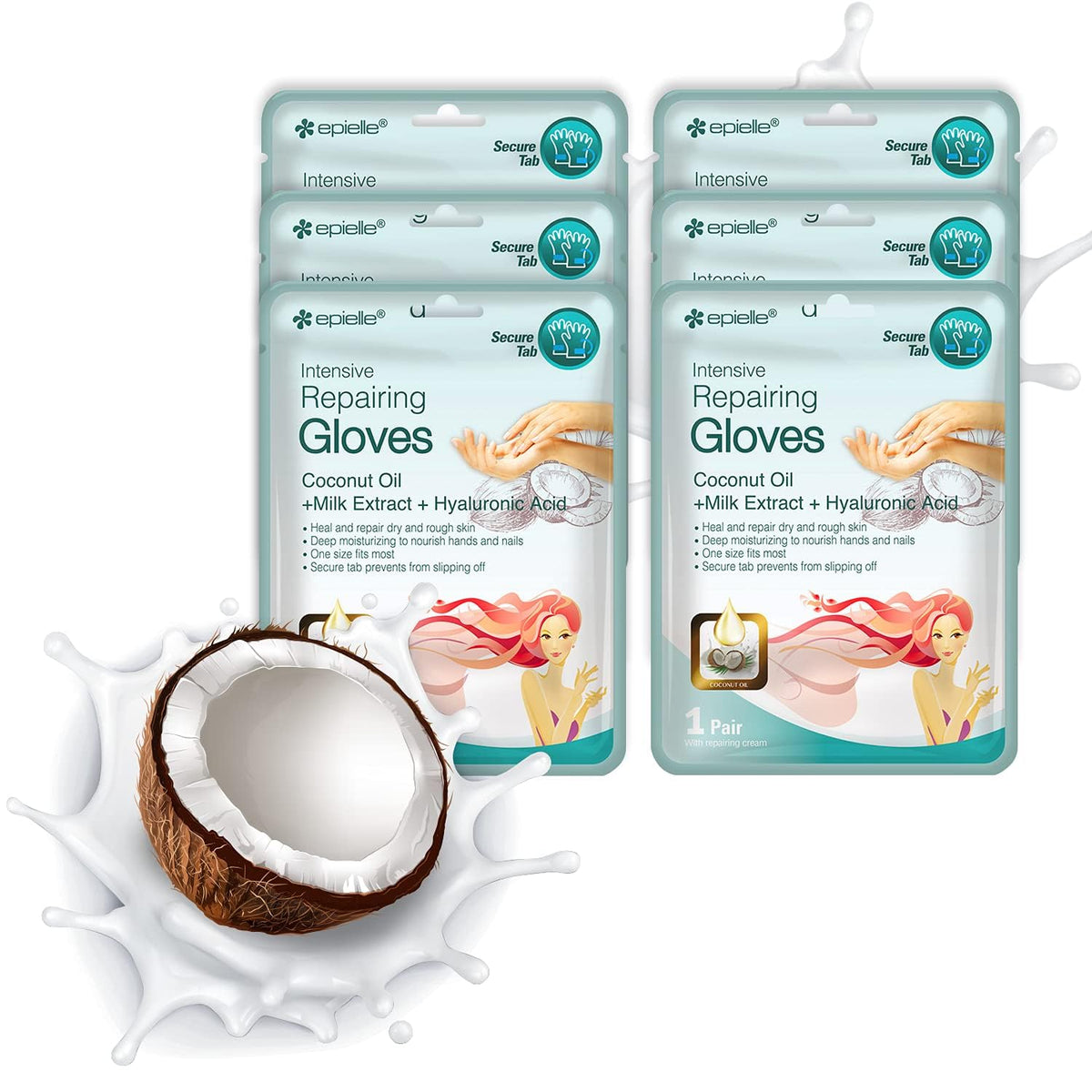 Epielle Intensive Repairing Hand Mask pack closeup highlights instant hydration for dry hands.