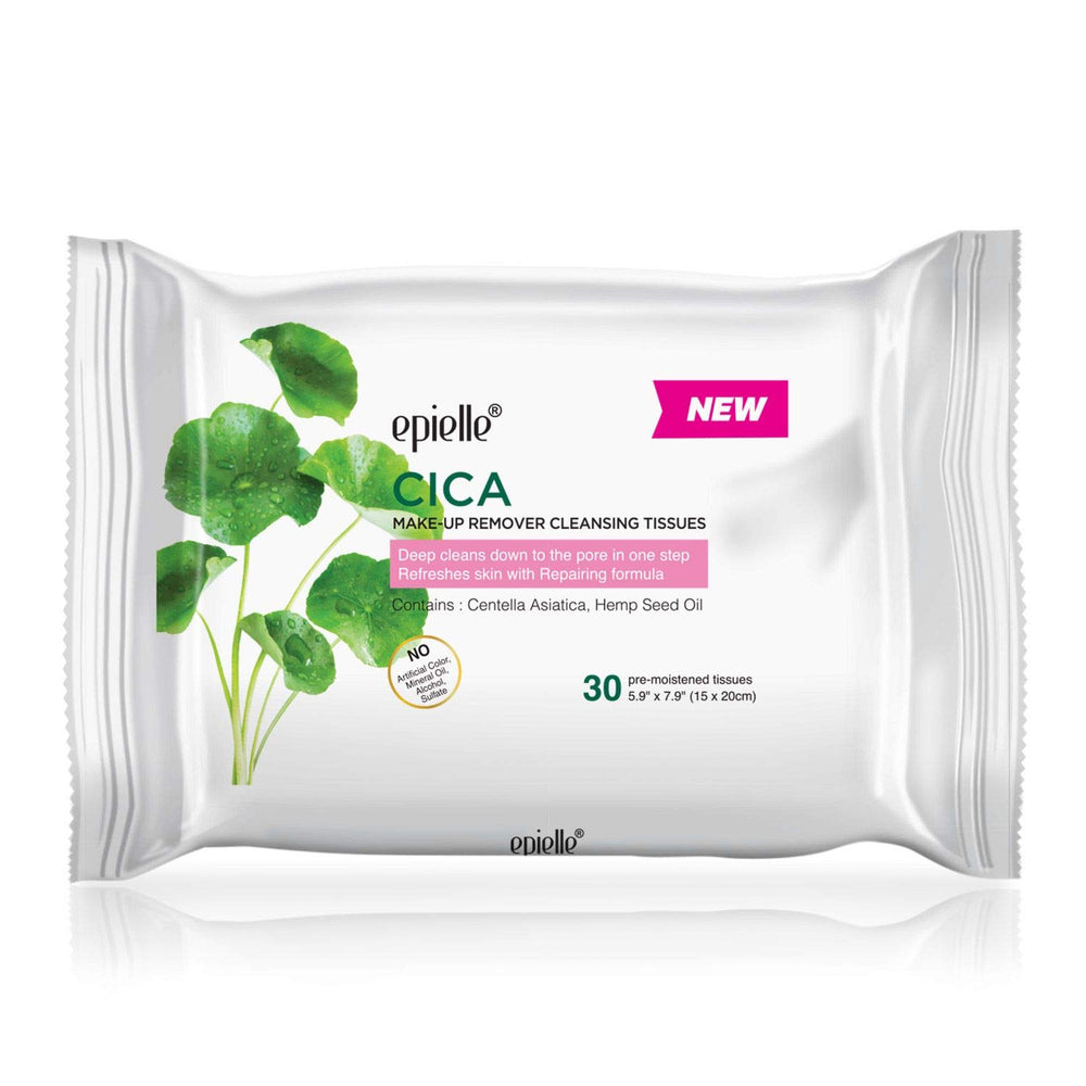 Epielle makeup remover wipes showing waterproof mascara removal for complete cleansing.
