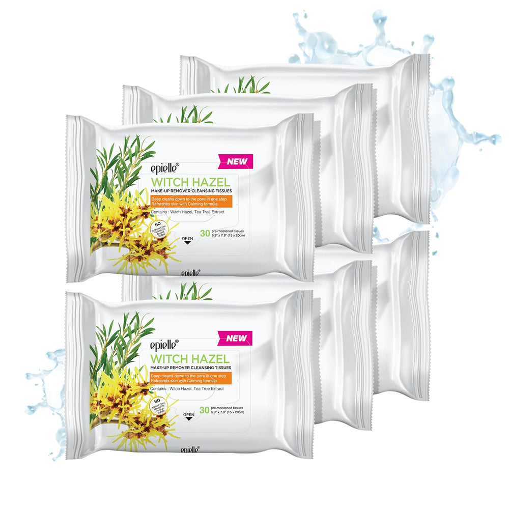Epielle Witch Hazel makeup remover wipes in packaging for quick dirt and oil removal.