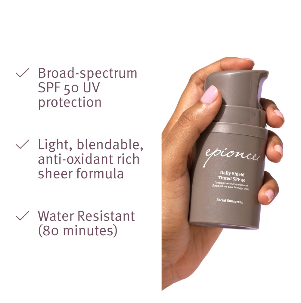 Epionce Daily Shield Tinted SPF 50 suitable for all skin types.
