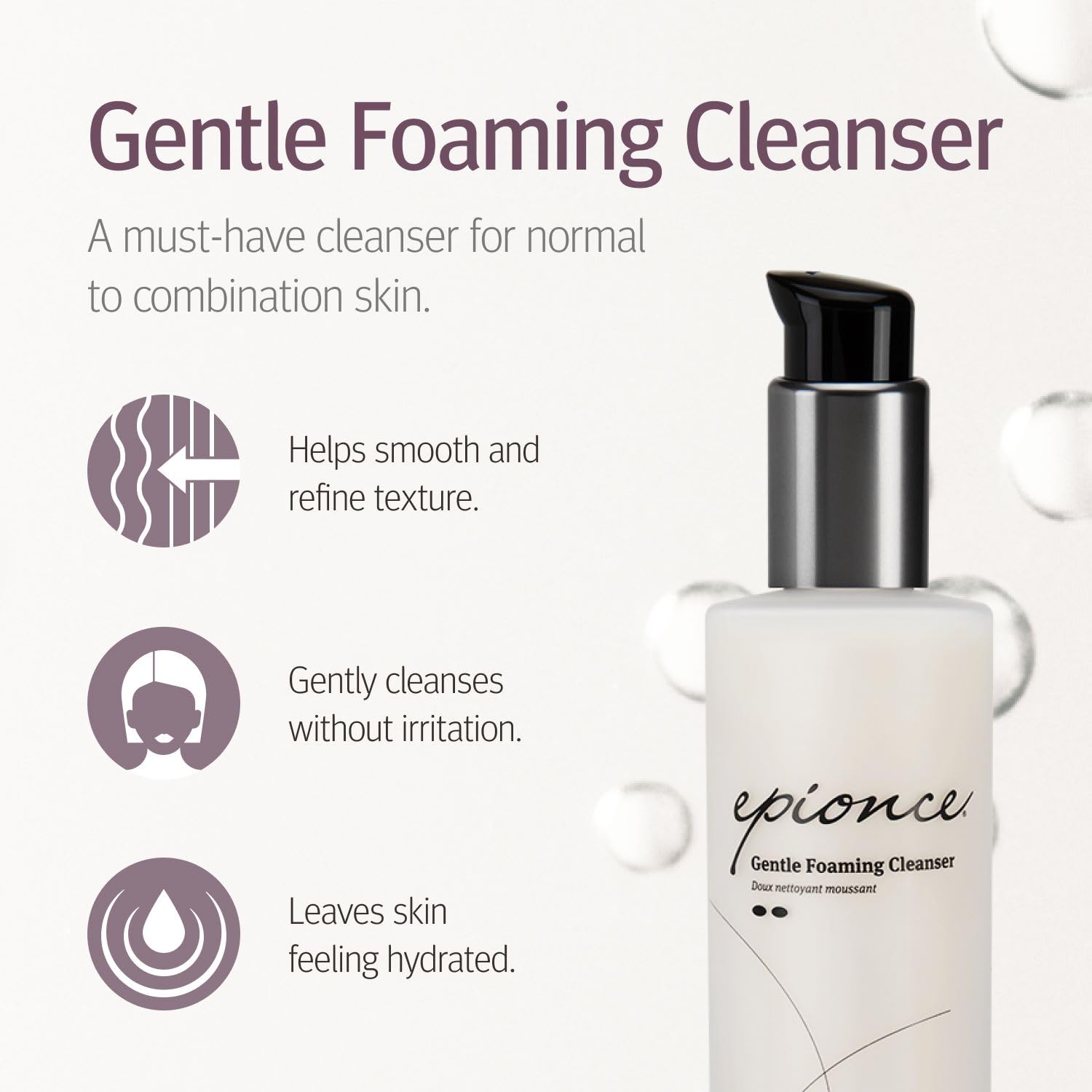 Epionce Gentle Foaming Cleanser with makeup-remover action on makeup removal scene.