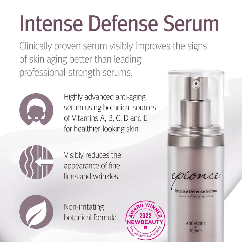 Epionce Intense Defense Serum texture closeup suggests concentrated, lightweight anti-aging care.