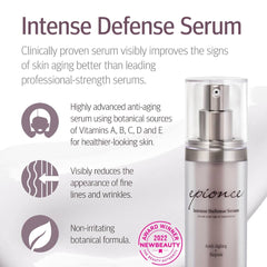 Epionce Intense Defense Serum texture closeup suggests concentrated, lightweight anti-aging care.