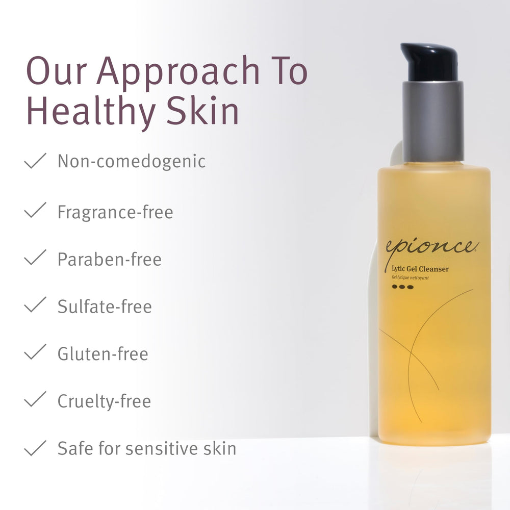 Epionce Lytic Gel Cleanser packaging highlights fragrance-free, dermatologist-developed formula