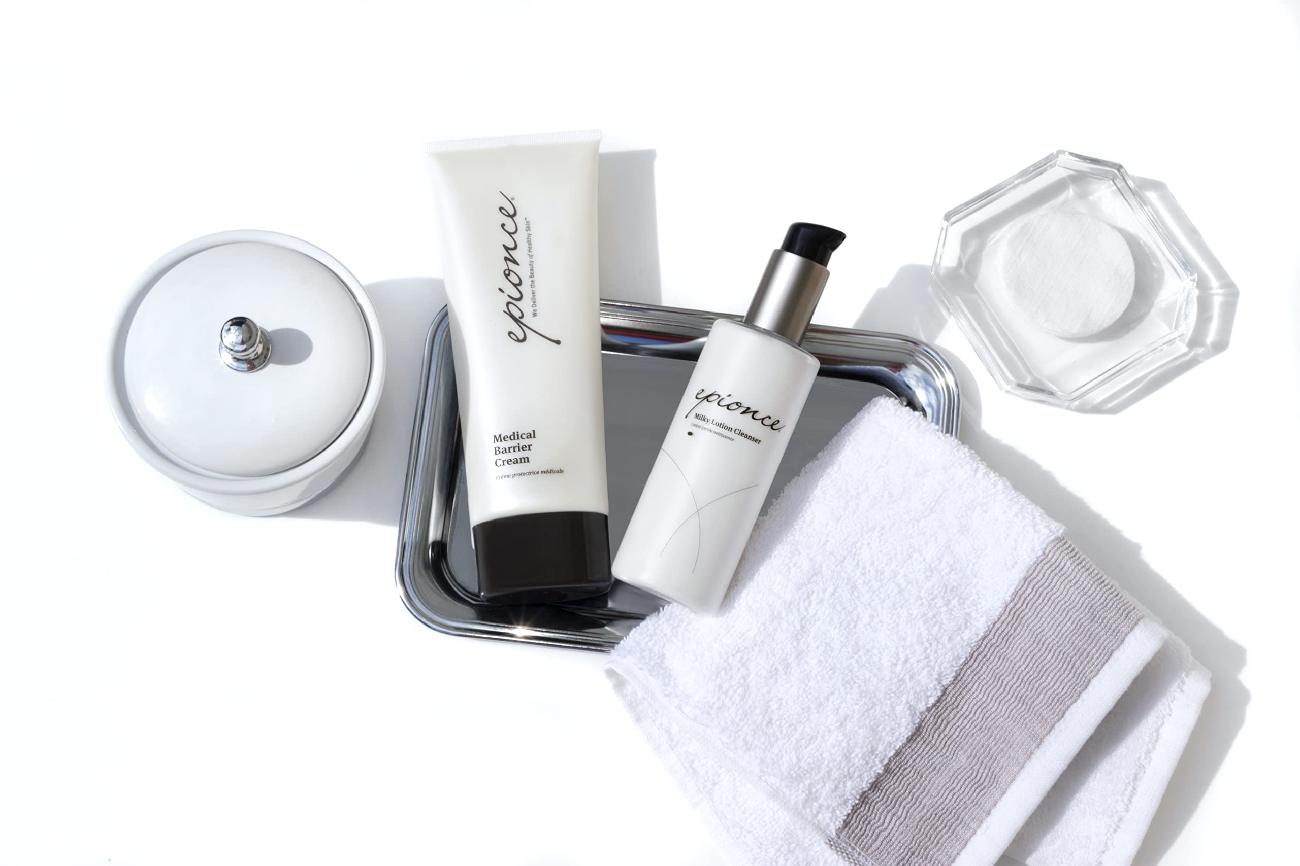 Epionce Milky Lotion Cleanser damp-skin usage shows gentle rinse or tissue removal