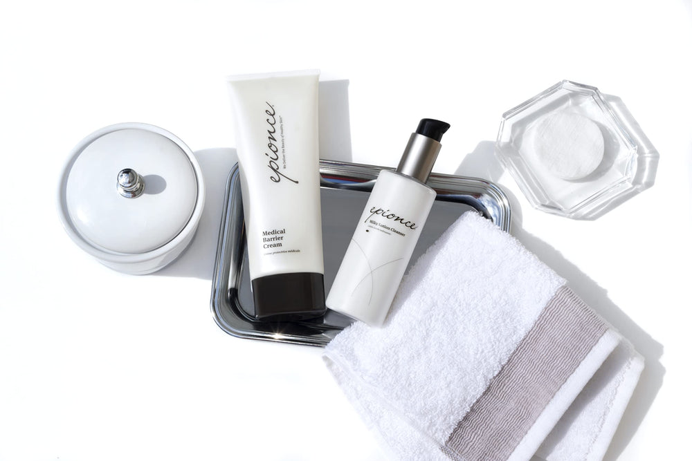 Epionce Milky Lotion Cleanser damp-skin usage shows gentle rinse or tissue removal