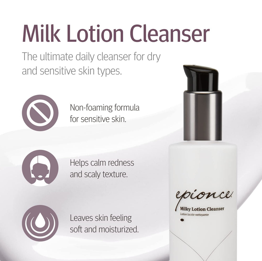 Epionce Milky Lotion Cleanser texture closeup emphasizes creamy, non-foaming hydration