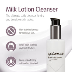 Epionce Milky Lotion Cleanser texture closeup emphasizes creamy, non-foaming hydration