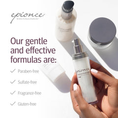 Epionce Renewal Body Lotion on leg highlights hydration and silkiness.