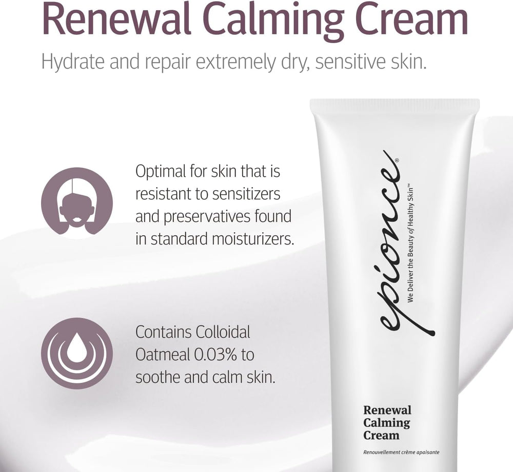 Epionce Renewal Calming Cream texture swatch shows creamy, non-greasy coverage.
