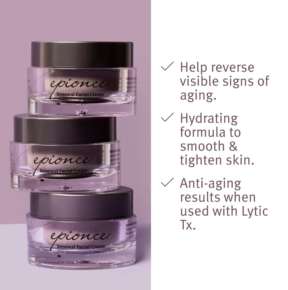 Epionce Renewal Facial Cream packaging highlights daily hydration from dermatologist-approved formula