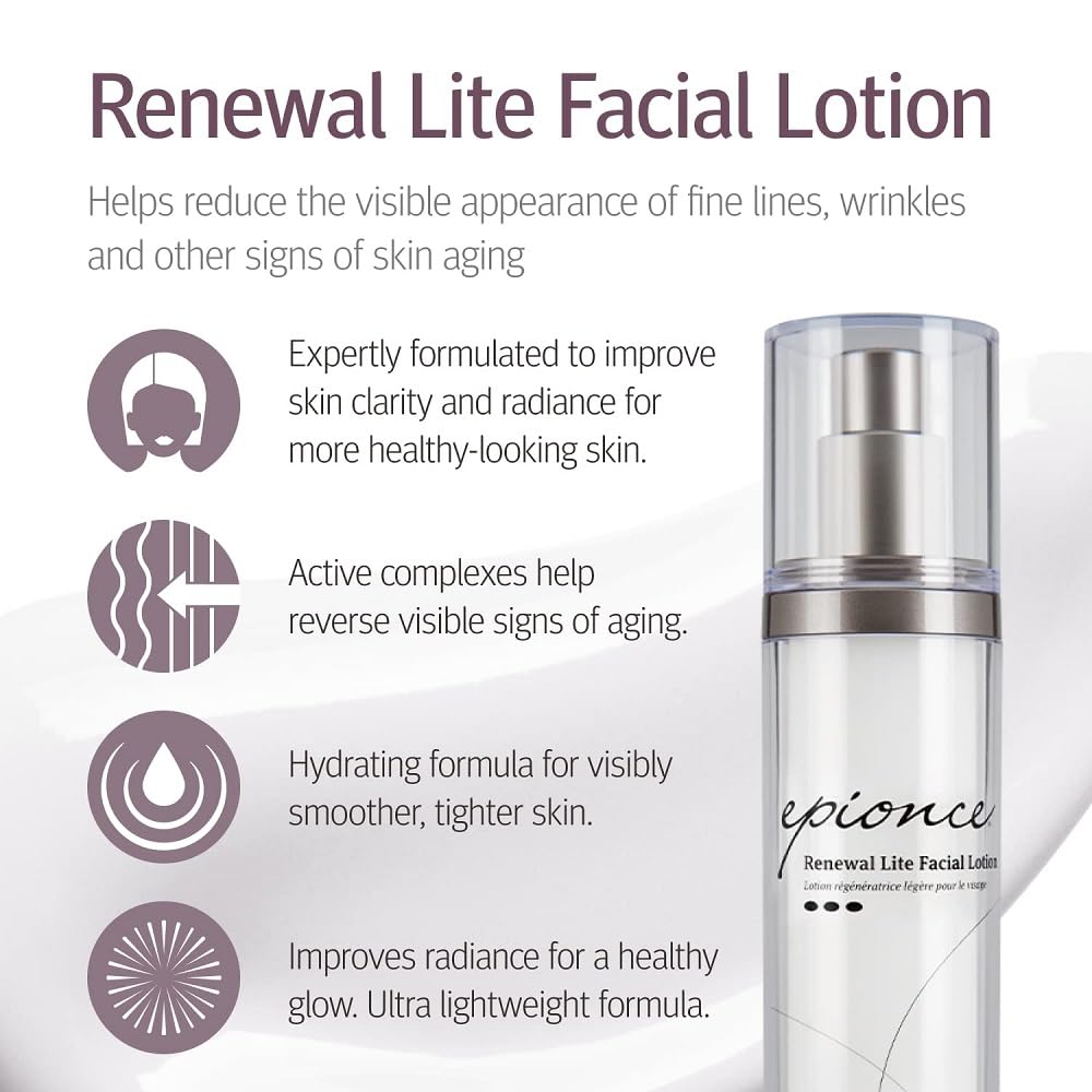 Epionce Renewal Lite Facial Lotion texture close-up, smooth non-greasy finish.