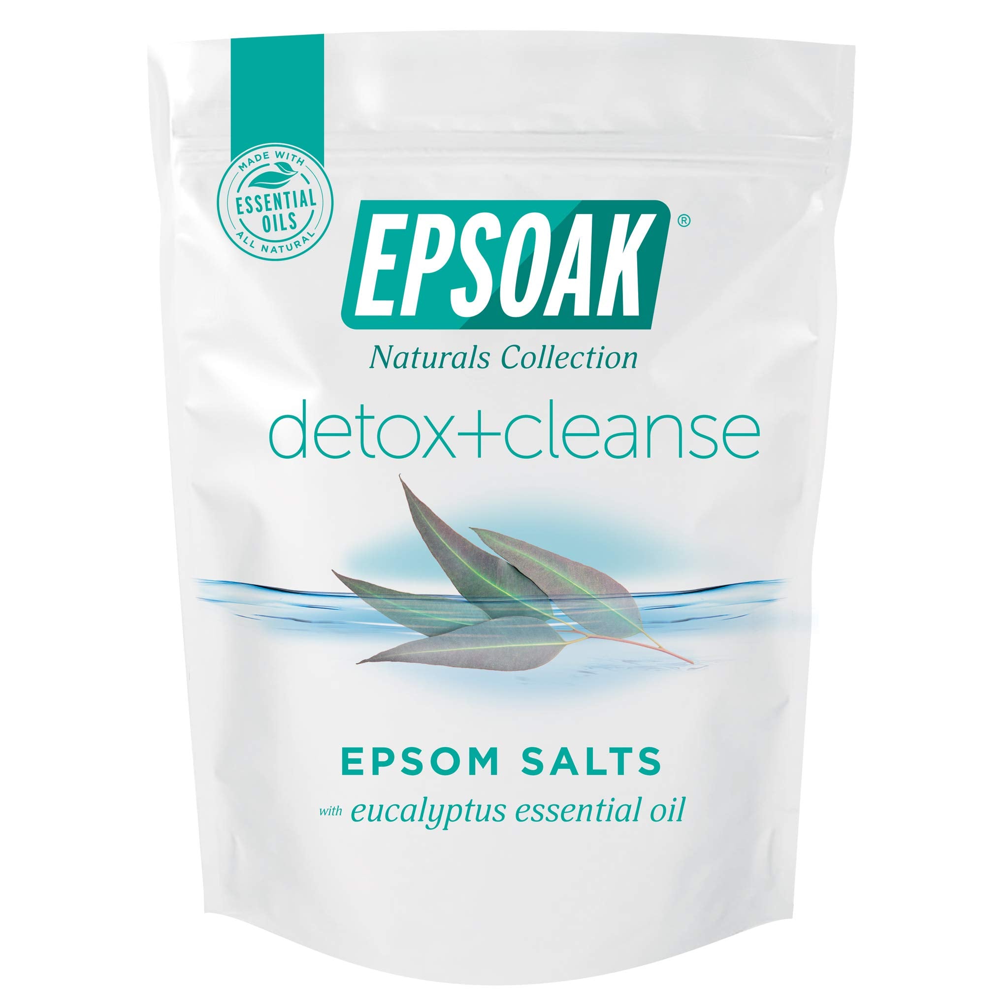 Epsoak Epsom Salt 2 lbs bath salts dissolving in warm water for detox and relaxation.