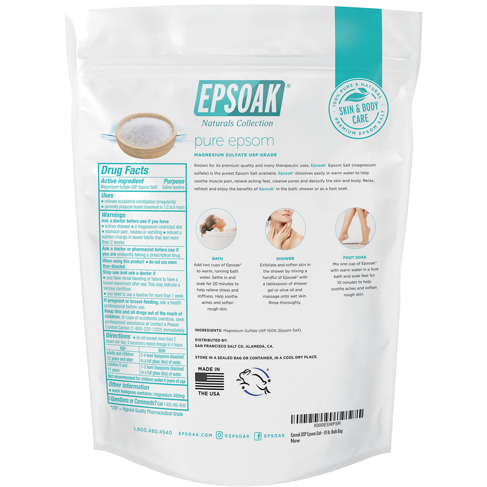 Epsoak Epsom salt dissolves quickly in bathwater for fast relaxation