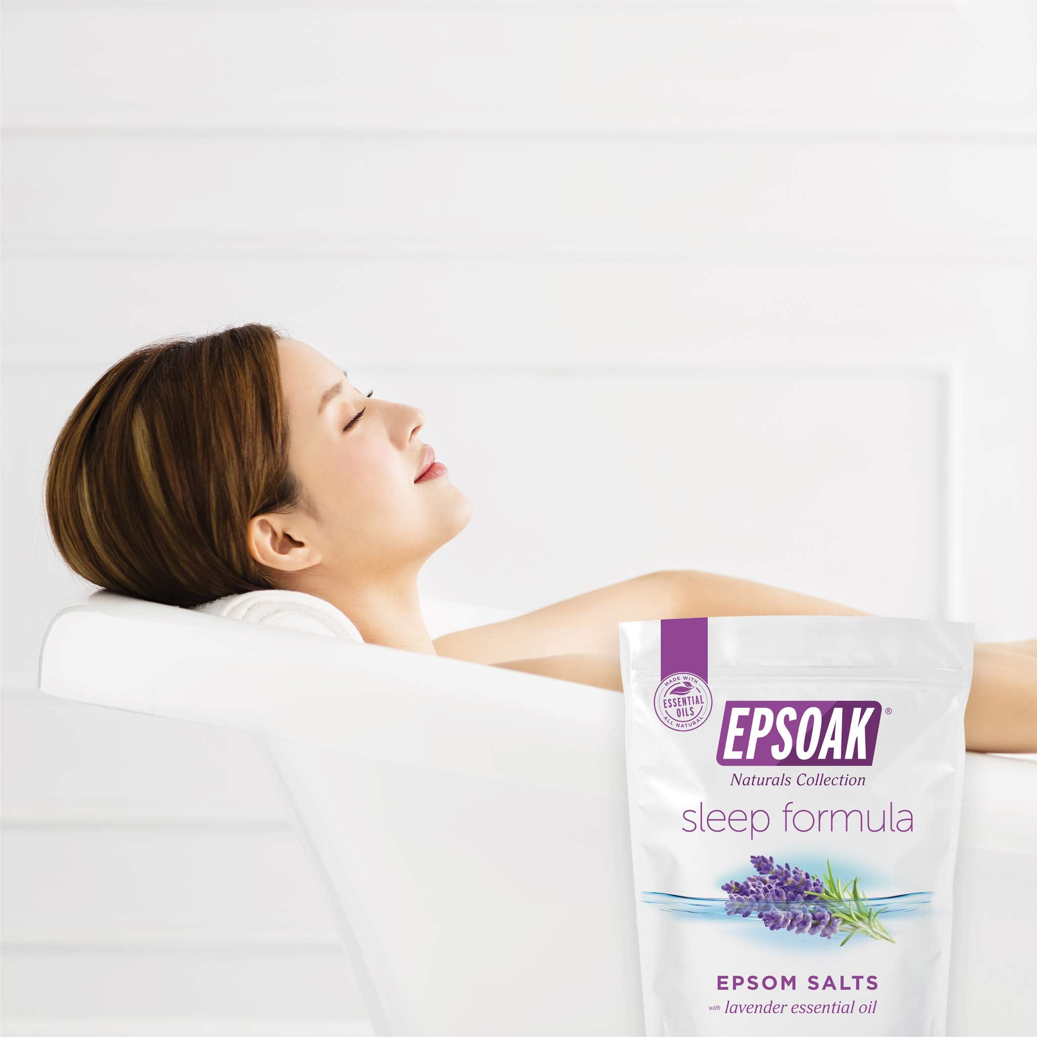 Epsoak Lavender Sleep Formula bath scene showing relaxing tub setup.