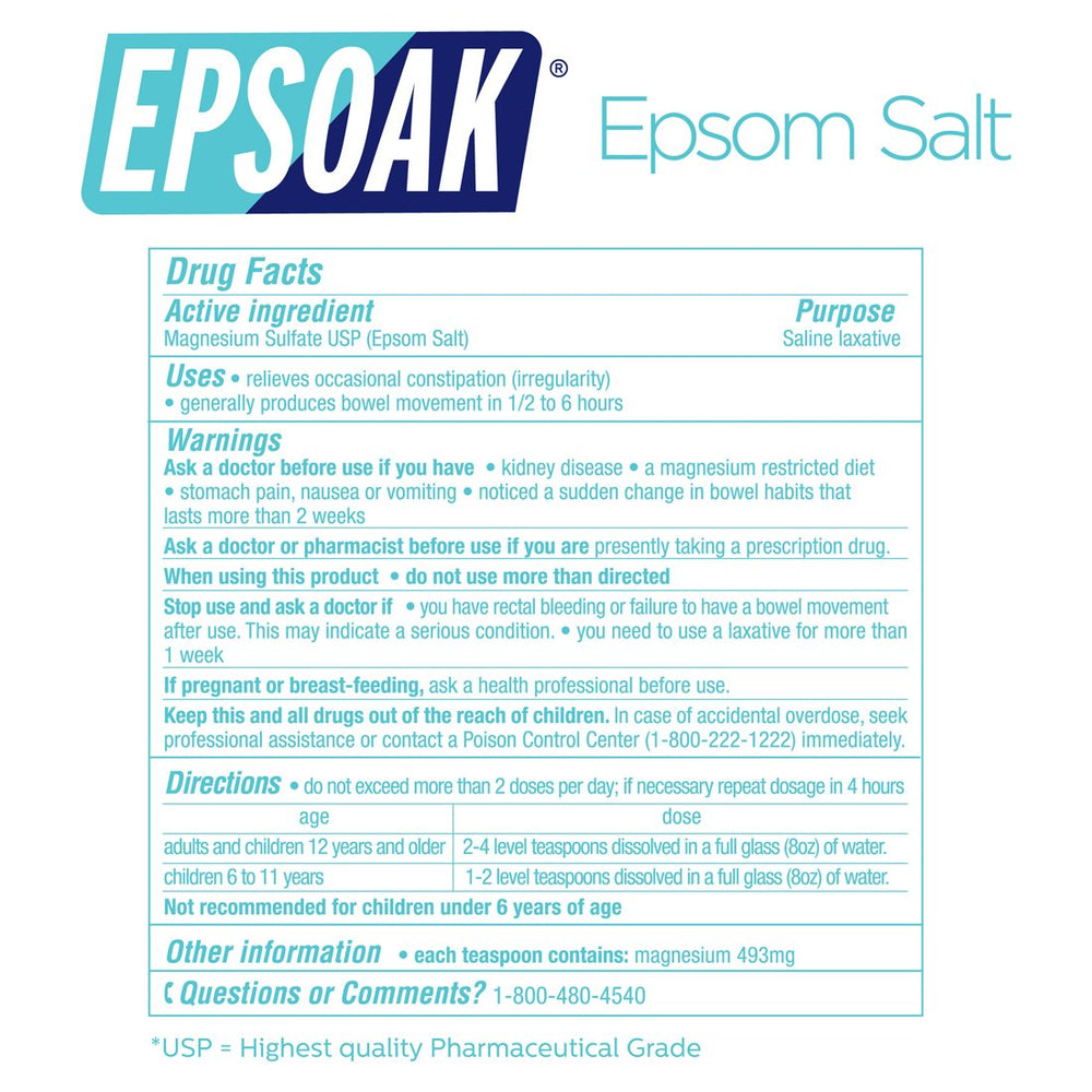 Epsoak Epsom salt made in USA, quality and cruelty-free certified packaging
