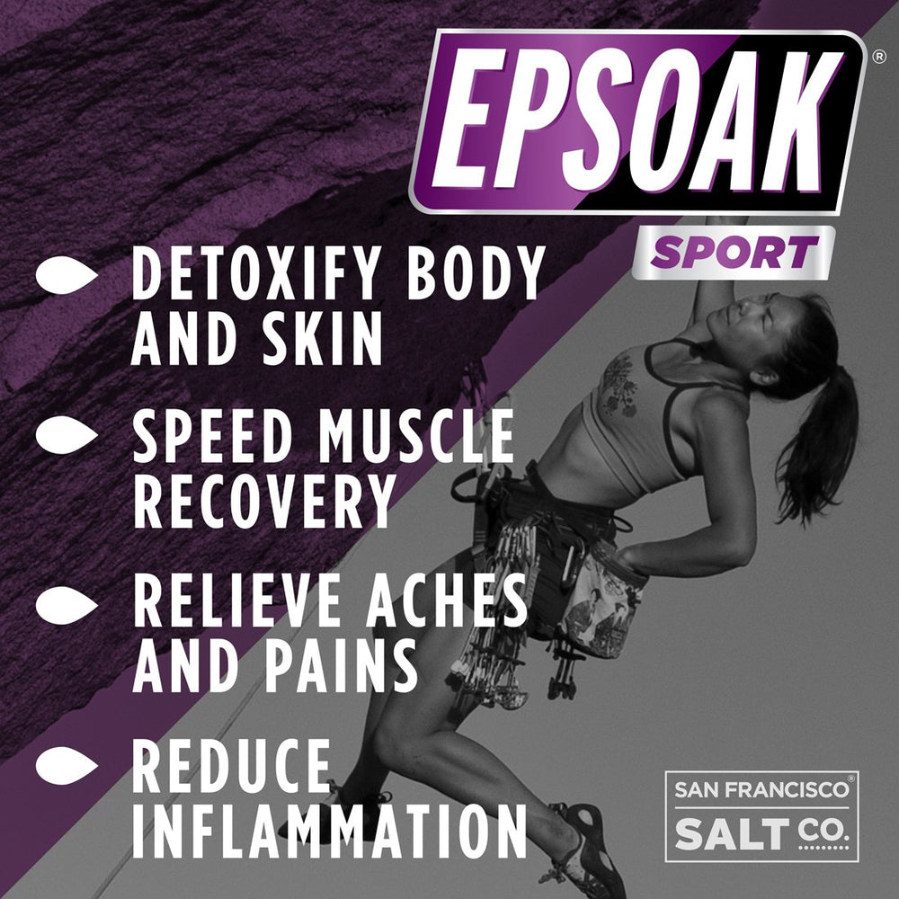 Epsoak Sport dissolving salts ready to pour into warm water for a quick soak.