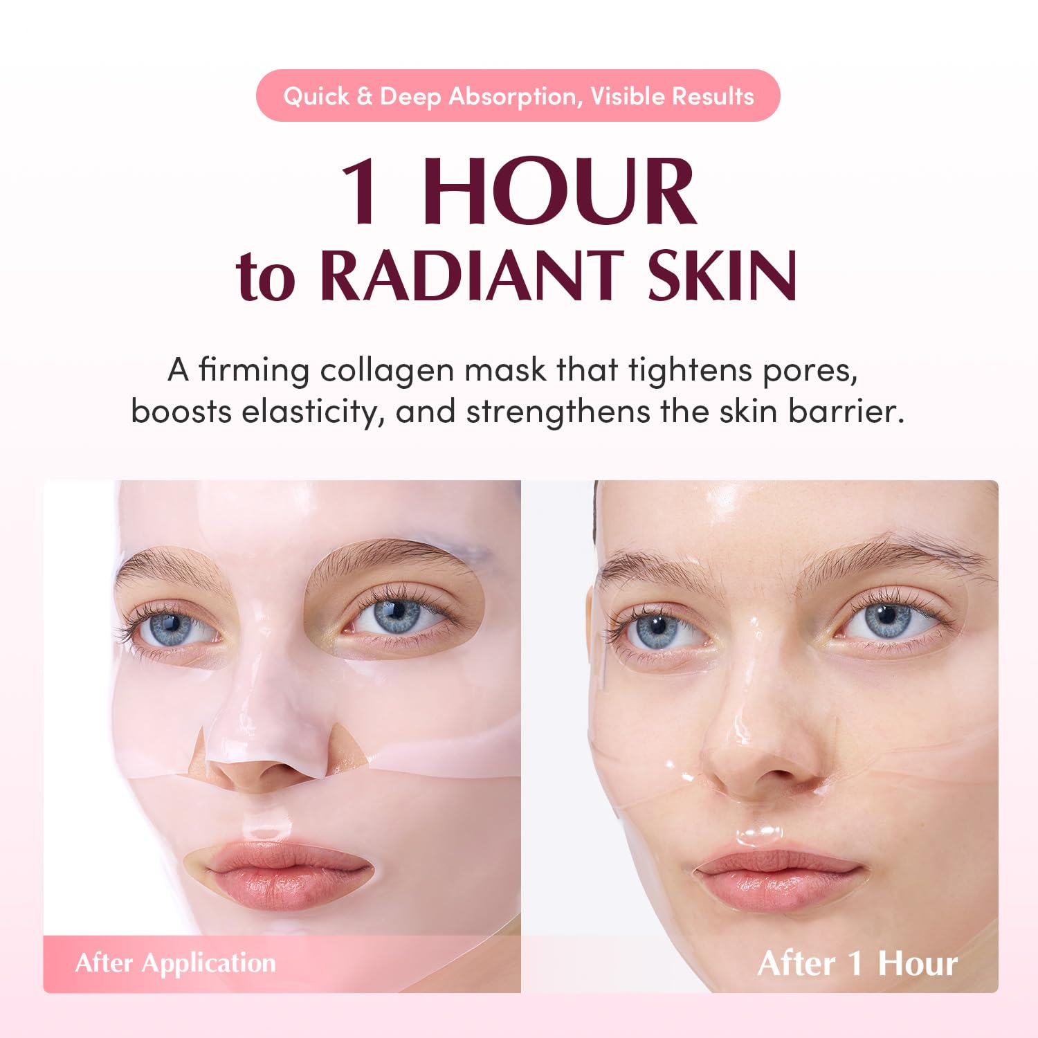 EQQUALBERRY collagen pore-tight mask applied on face enables rapid absorption and subtle firming.