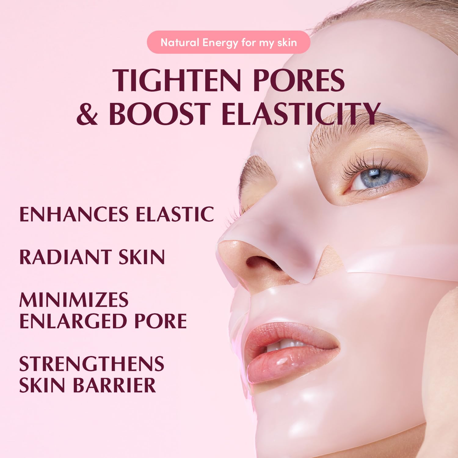 EQQUALBERRY collagen pore-tight mask closeup shows 200 Da low-molecular collagen for deep penetration.