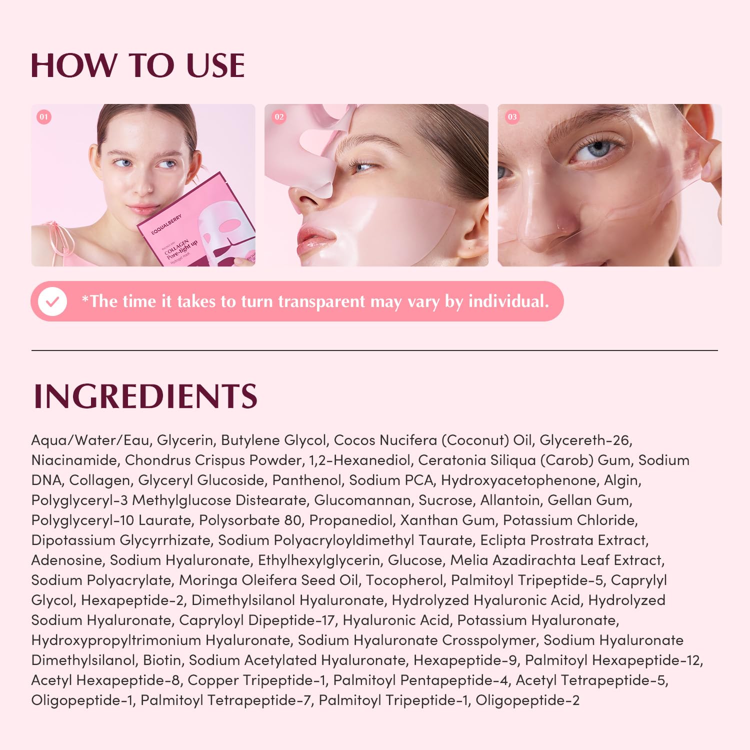 EQQUALBERRY collagen pore-tight mask perfect-fit contours maximize absorption and reduce evaporation.