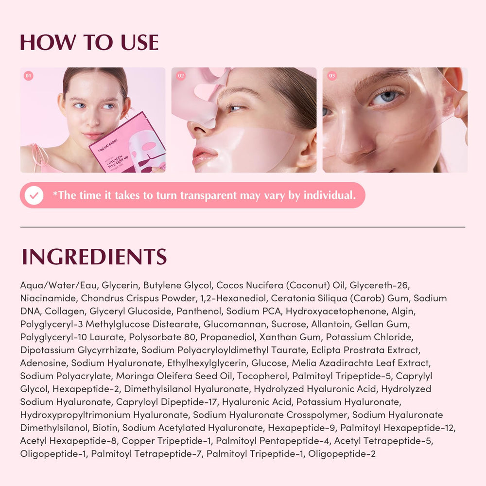 EQQUALBERRY collagen pore-tight mask perfect-fit contours maximize absorption and reduce evaporation.