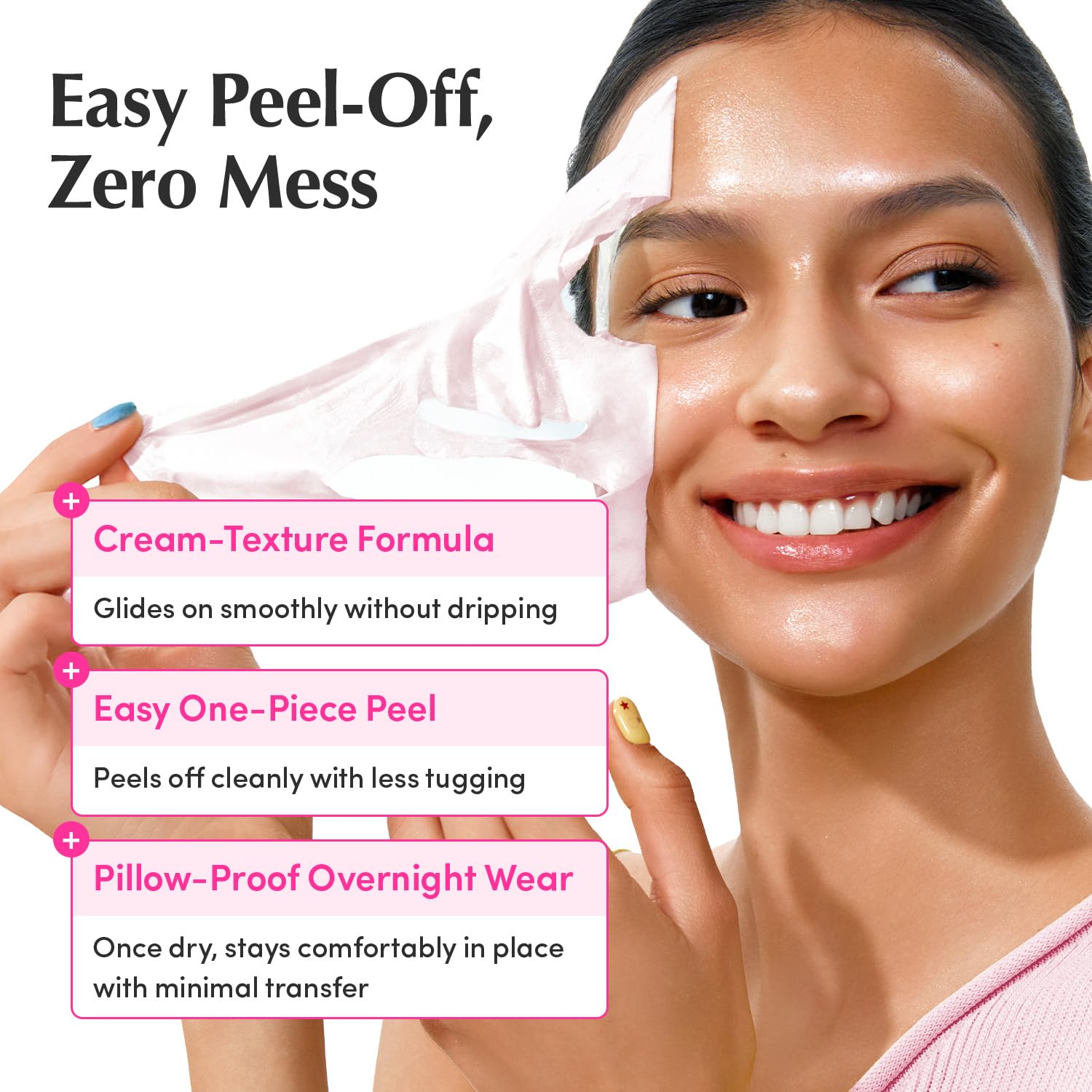 One-piece peel removal of EQQUALBERRY mask showing minimal tug and clean peel benefit