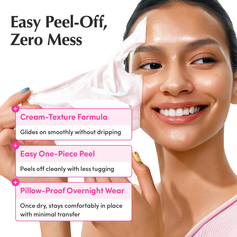 One-piece peel removal of EQQUALBERRY mask showing minimal tug and clean peel benefit