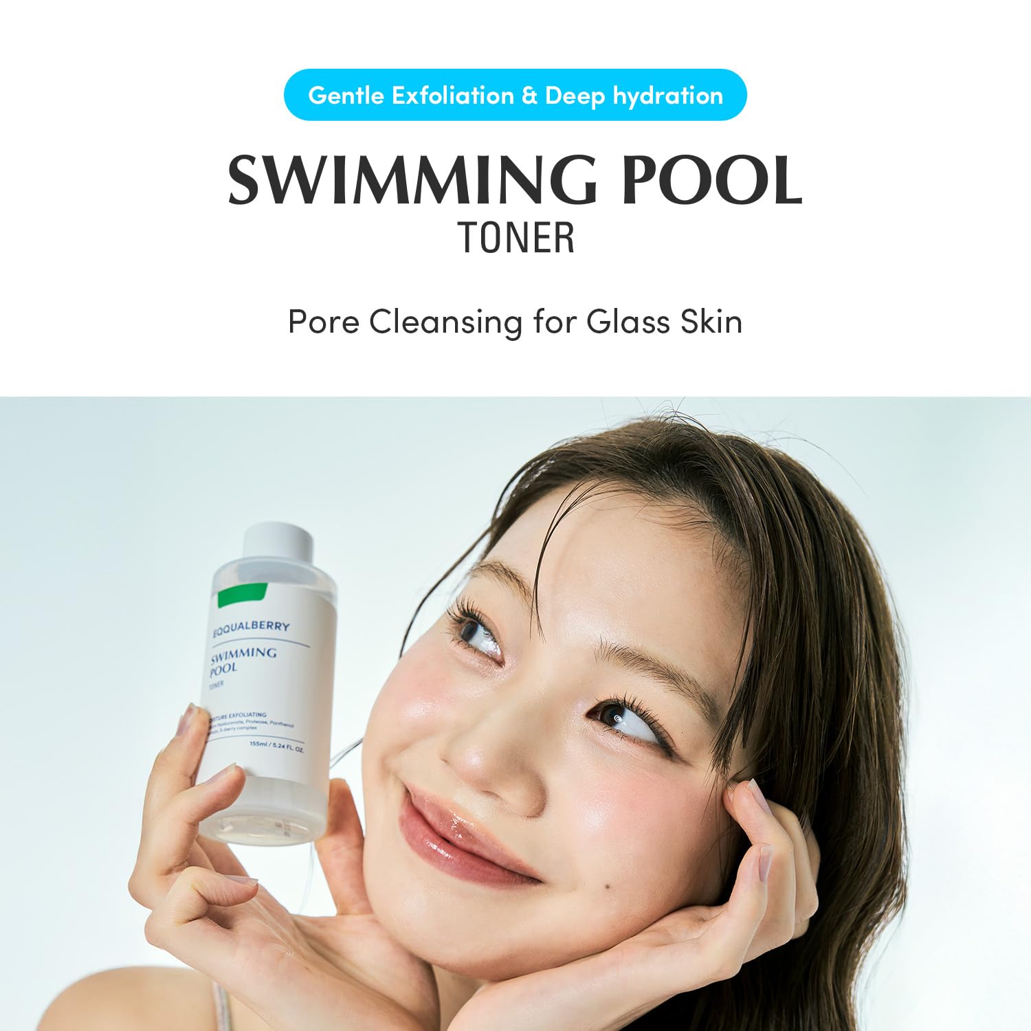 EQQUALBERRY swimming pool toner texture closeup highlights silky, non-greasy finish for daily use.