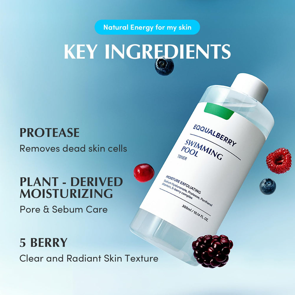 EQQUALBERRY Swimming Pool Toner applying scene demonstrates sensitive-skin friendly daily use.