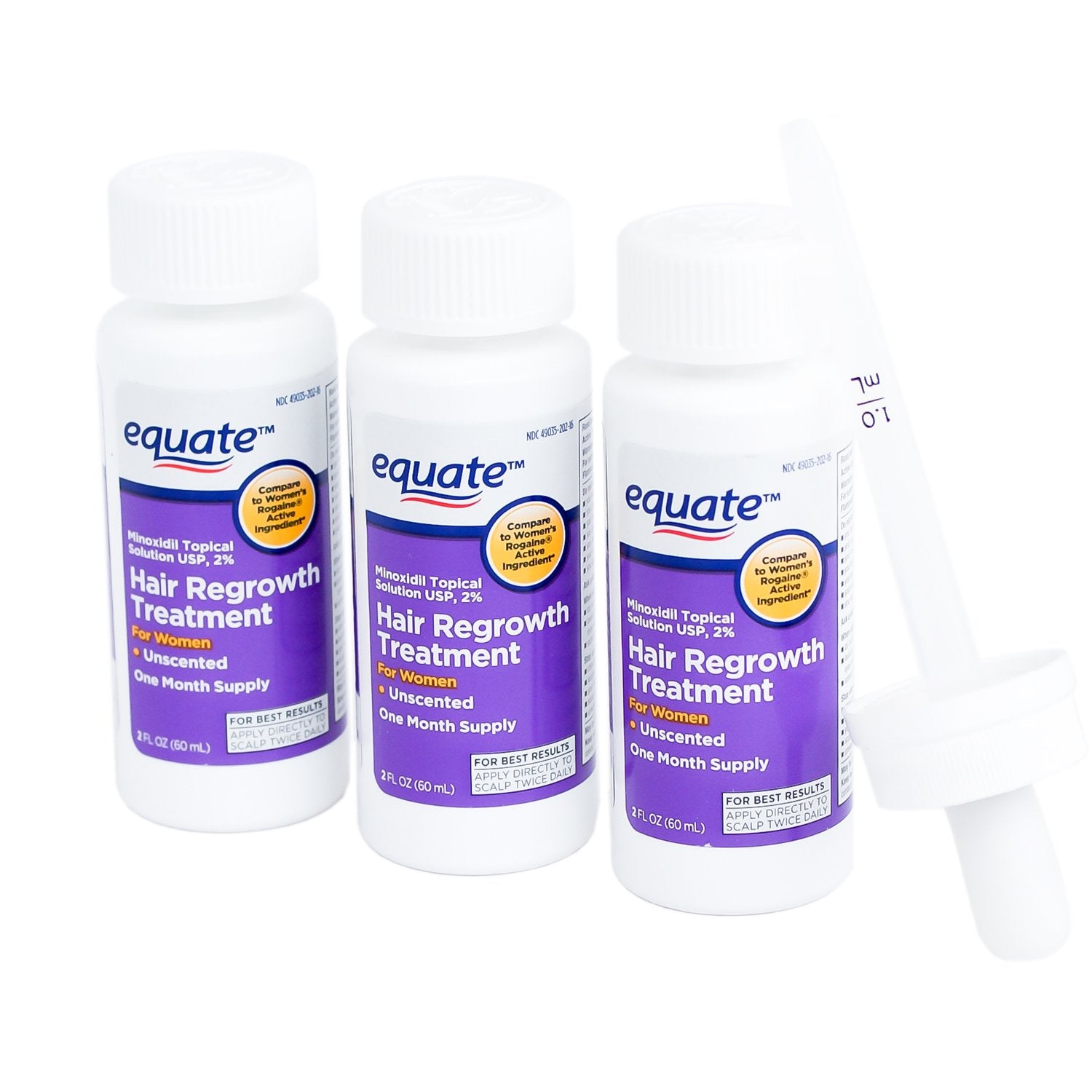 Equate hair regrowth three-bottle packaging with 2oz bottles for home use.
