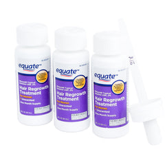 Equate hair regrowth three-bottle packaging with 2oz bottles for home use.
