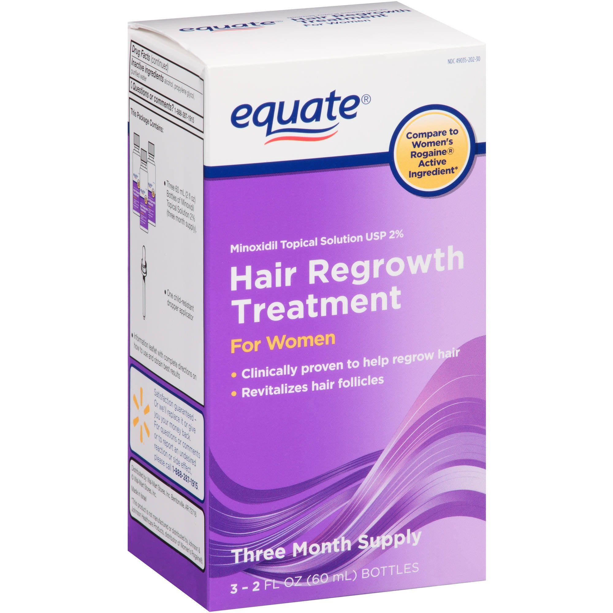 Equate hair regrowth bottle with 2 percent Minoxidil for women, easy daily scalp application.