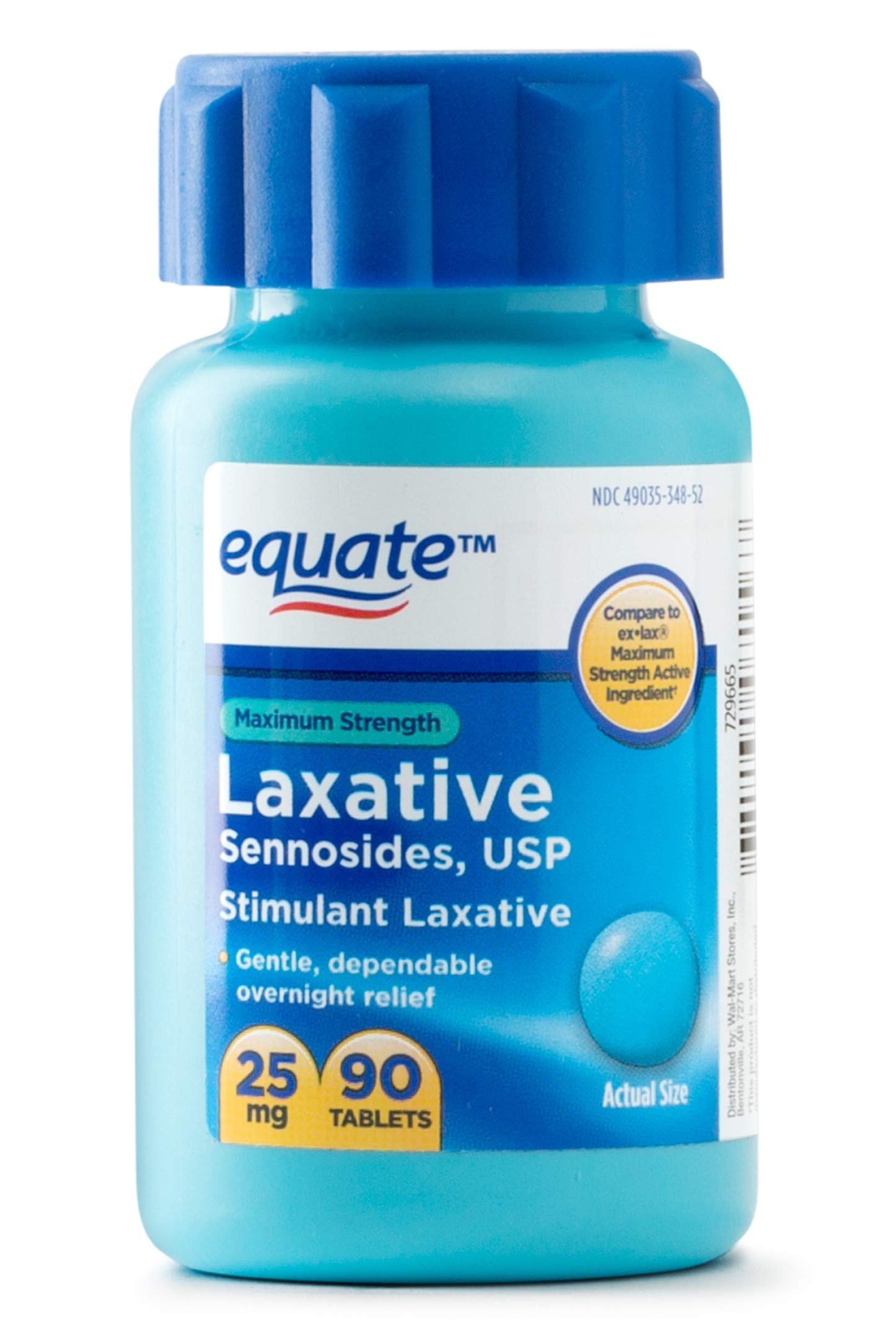 Equate maximum strength laxative bottle label showing 90 count for occasional constipation support.