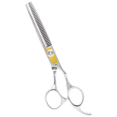 Equinox International professional hair scissors in closeup show Japanese stainless steel precision for thinning.