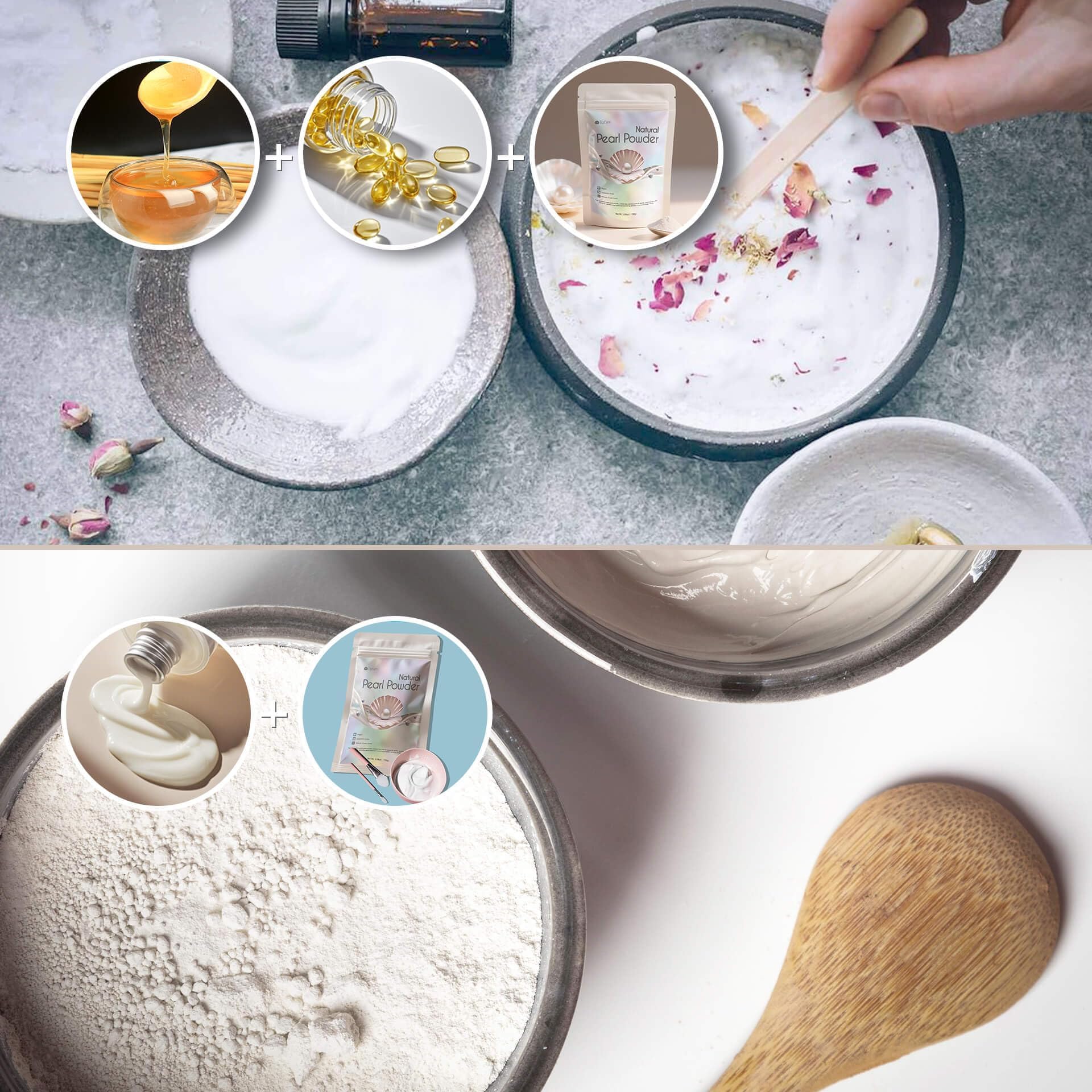 EquSym Pure Pearl Powder beside a completed DIY mask for at-home spa routine.