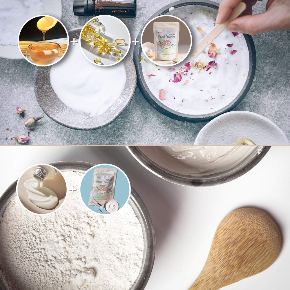 EquSym Pure Pearl Powder beside a completed DIY mask for at-home spa routine.
