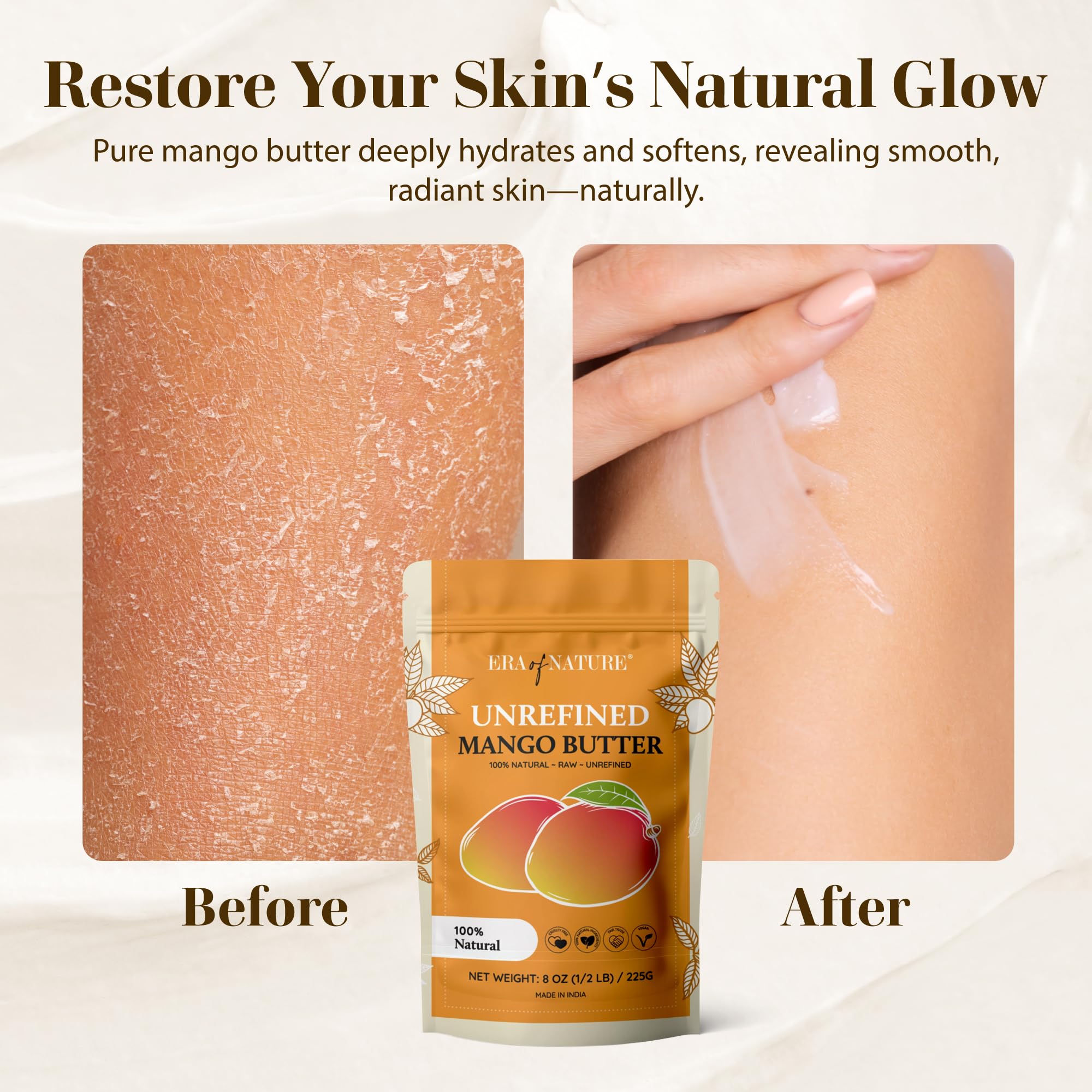 era of nature body butter base application demonstrates non greasy hydration on skin