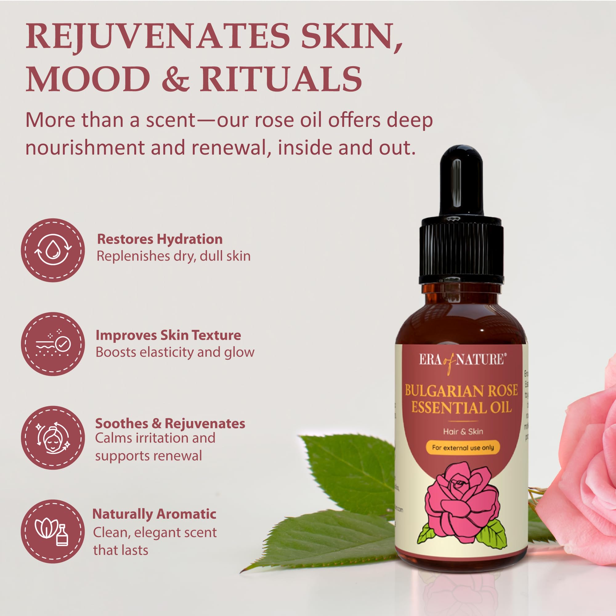 Era of Nature Bulgarian Rose oil diffuser drops for calming home fragrance.